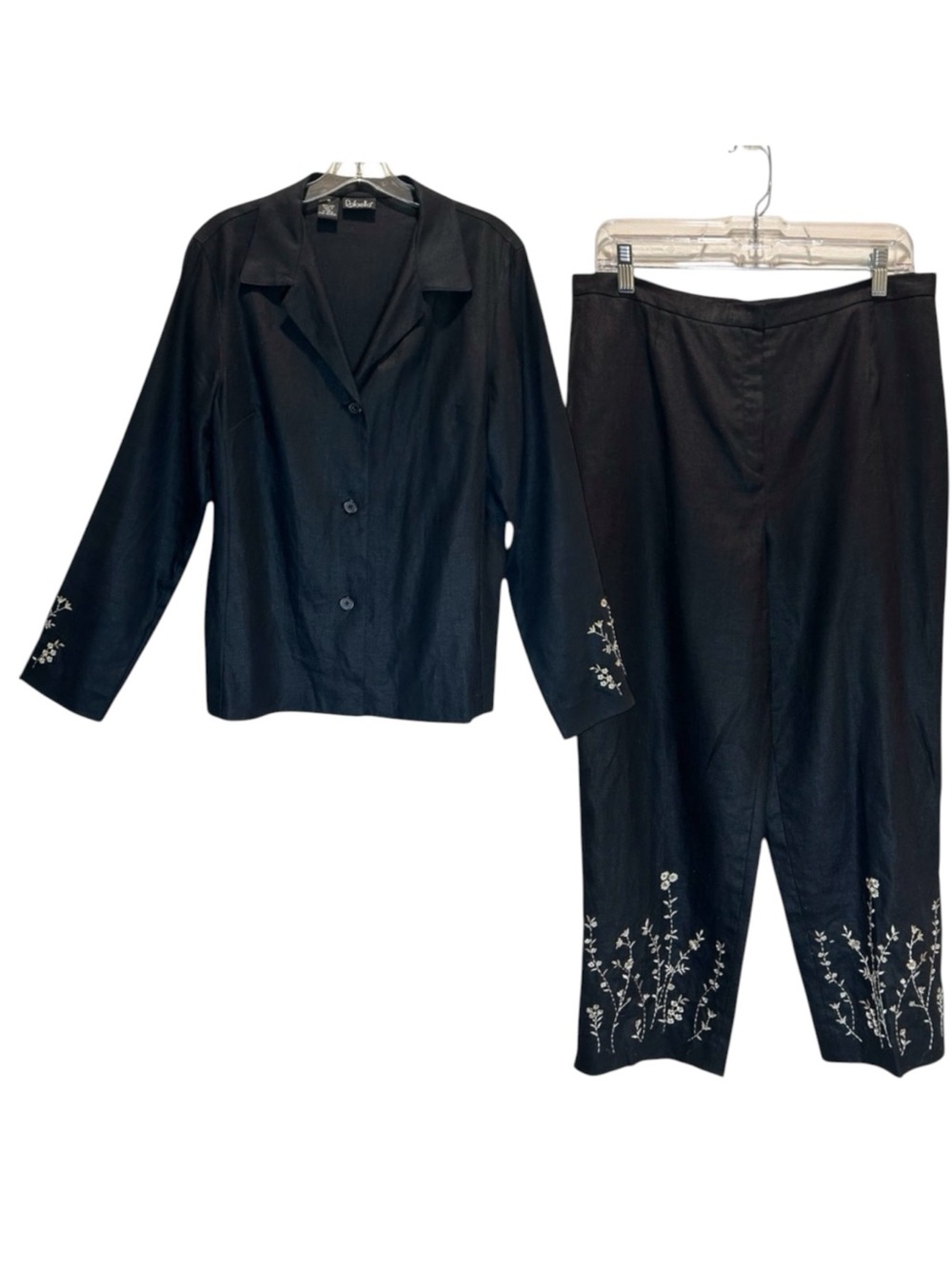 Rafaella Black Linen Embroidered Relaxed Fit Jacket & Pants - Size 10